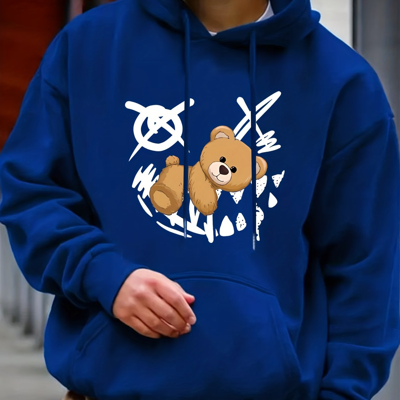 Teddy Bear Print Hoodie Men's Casual Graphic Pullover Hooded Sweatshirt