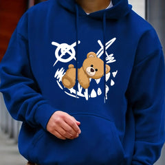 Teddy Bear Print Hoodie Men's Casual Graphic Pullover Hooded Sweatshirt