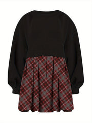 Colorblock Plaid Print Long Sleeve Dress