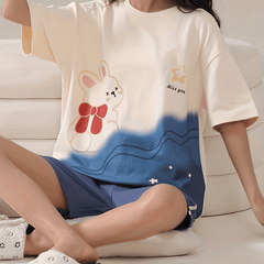 Bunny Print Pajamas Set Short Sleeve Top & Shorts Women's Sleepwear
