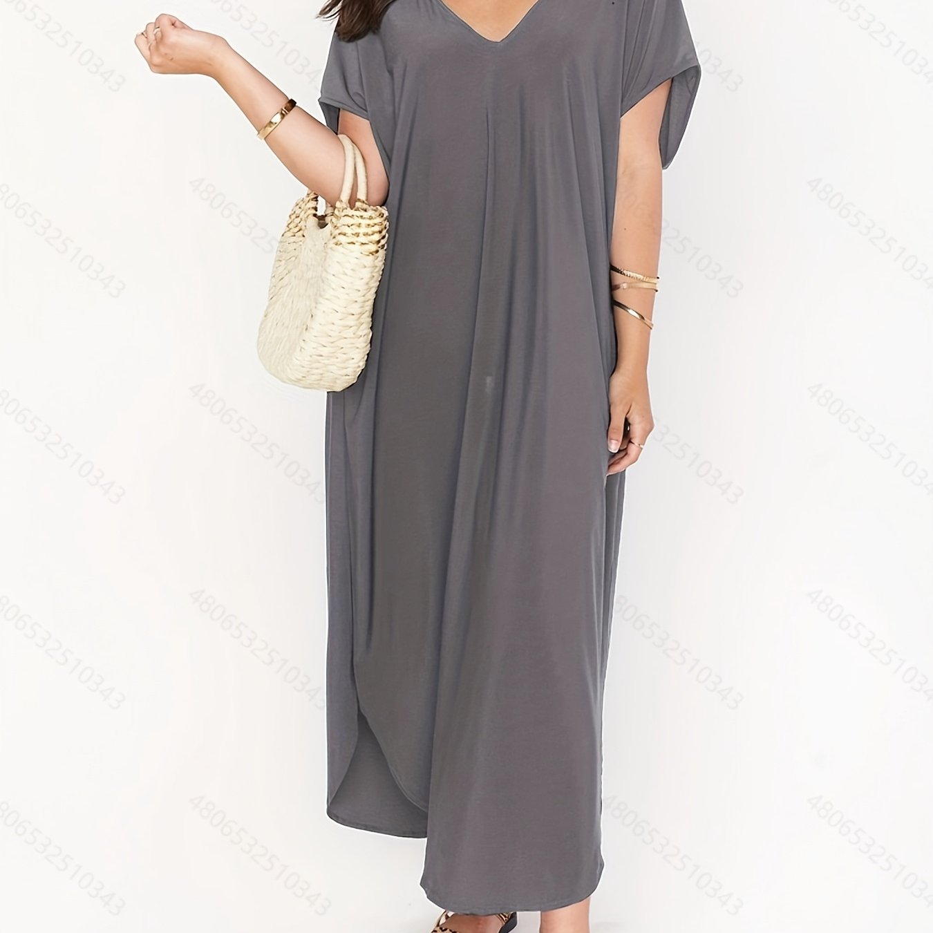 Dark Gray V Neck High Strech Beach Dress Short Sleeve Cover Up Women's Swimwear