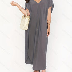 Dark Gray V Neck High Strech Beach Dress Short Sleeve Cover Up Women's Swimwear