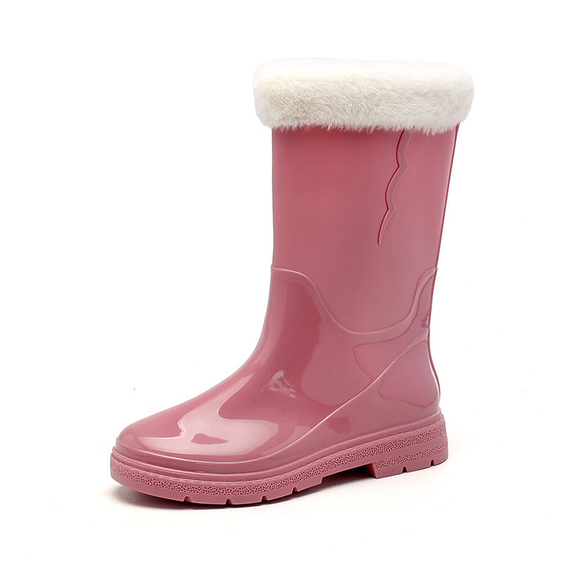 Women's Fleece Lined Rain Boots Waterproof Mid Calf Rubber Shoes