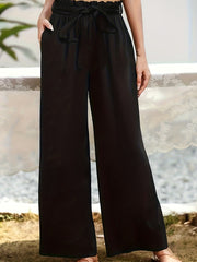 Solid Paper Bag Waist Pants Casual Wide Leg Long Length Pants