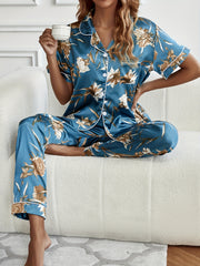 Floral Print Pajamas Set Button Up Blouse & Elastic Waistband Pants