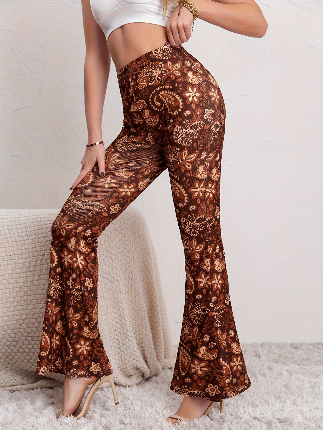 Paisley & Flower Print Yoga Pants Flare Leg Bell Bottom Activewear
