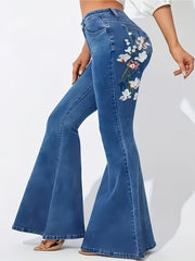 Floral Print Button Fly Flared Leg Jeans
