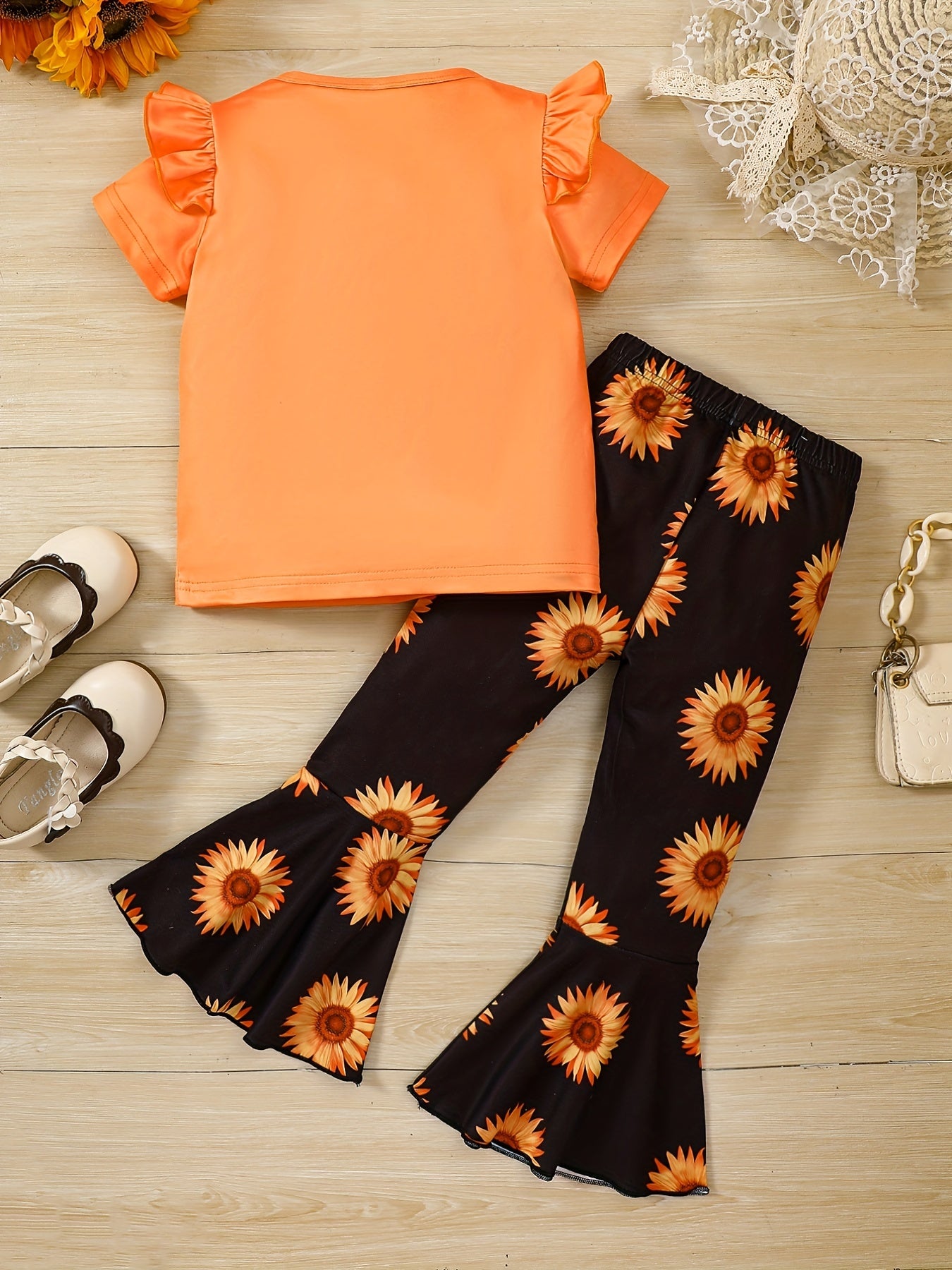 Girls Pink Sunflower Print Ruffles T-Shirt & Flare Leg Pants Set
