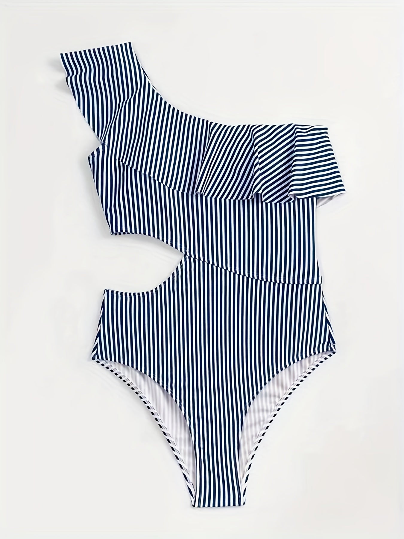 Striped Print One Shoulder Ruffle One Piece Swimsuit Cut Out Bathing Suit