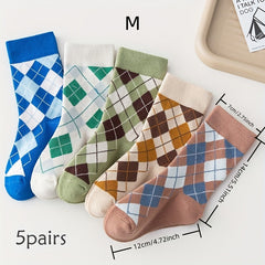5 Pairs Kid's Geometric Pattern Knitted Socks Cotton Blend Soft Crew Socks
