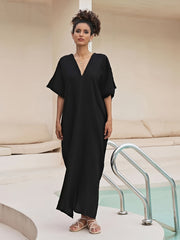 Solid Batwing V Neck Kaftan Cover Up Dress