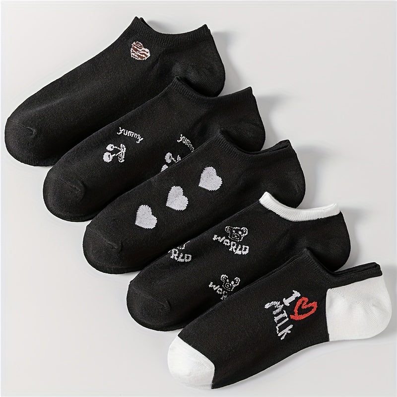 5 Pairs Heart Print Low Cut Ankle Socks Women's Stockings