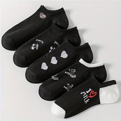 5 Pairs Heart Print Low Cut Ankle Socks Women's Stockings