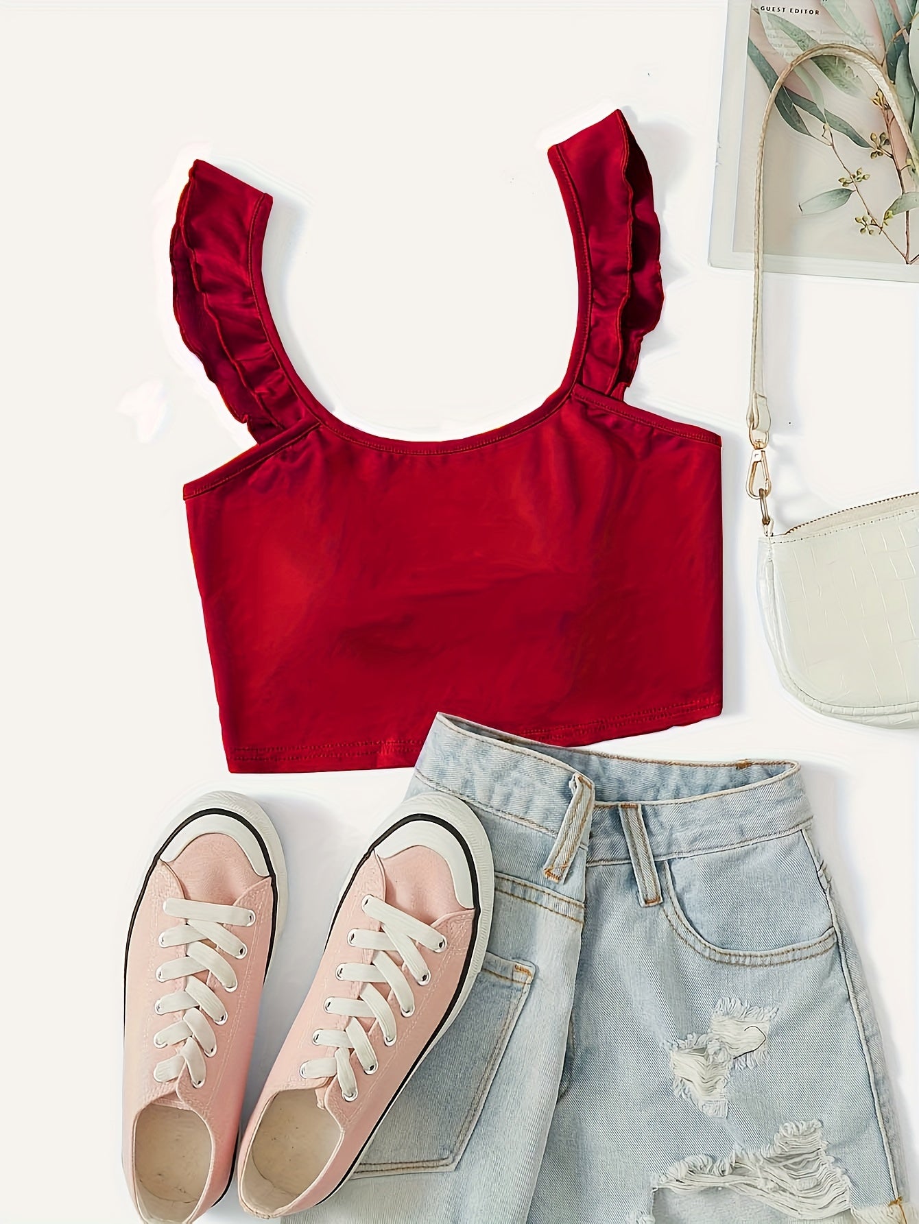 Sexy Ruffle Wide Strap Crop Top