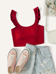 Sexy Ruffle Wide Strap Crop Top