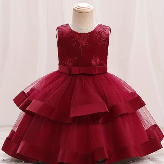 Baby Girls Floral Sleeveless Backless Layered Mesh Princess Dress