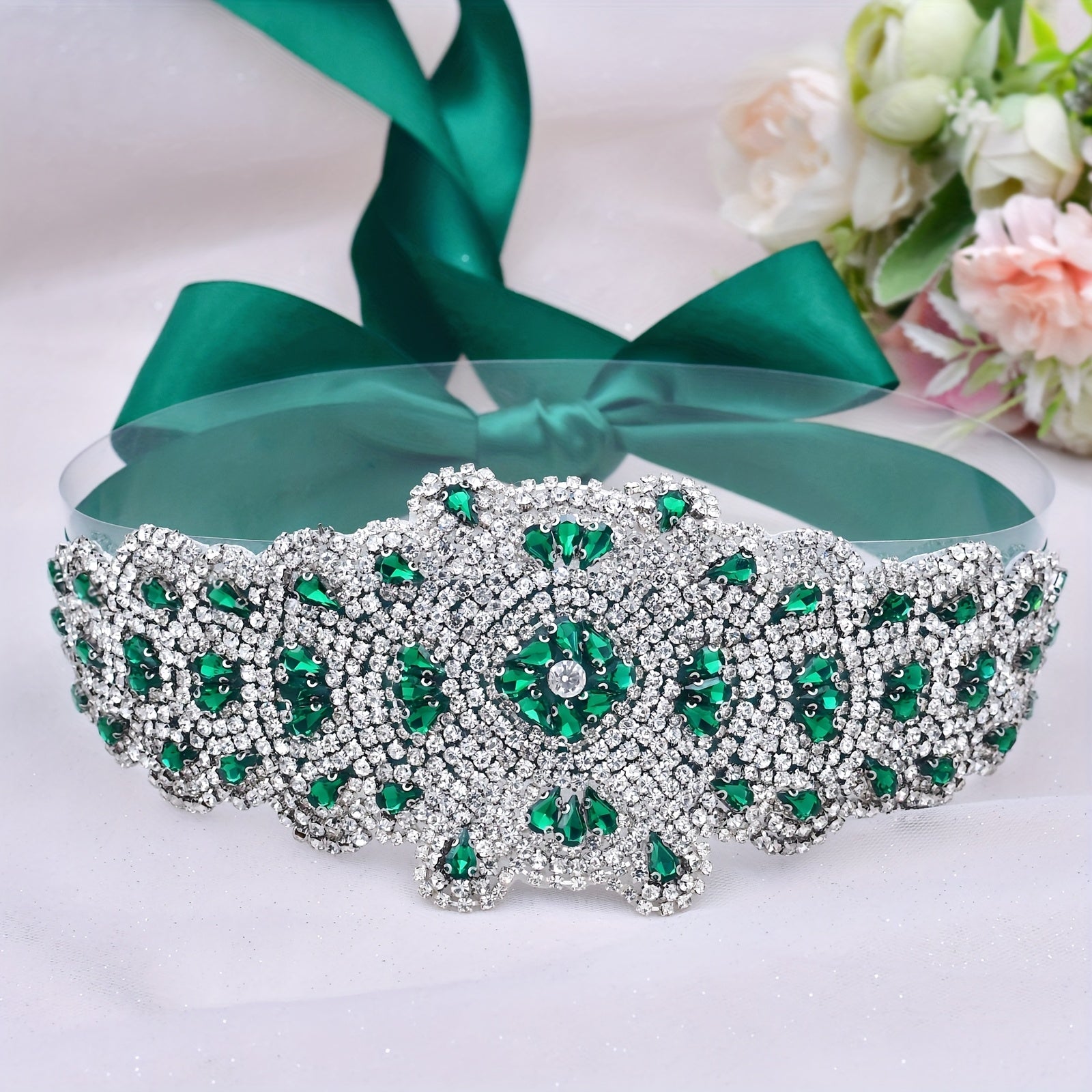 Green Rhinestone Bridal Sash Vintage Baroque Style Women's Dress Jewelry