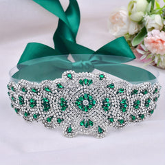 Green Rhinestone Bridal Sash Vintage Baroque Style Women's Dress Jewelry