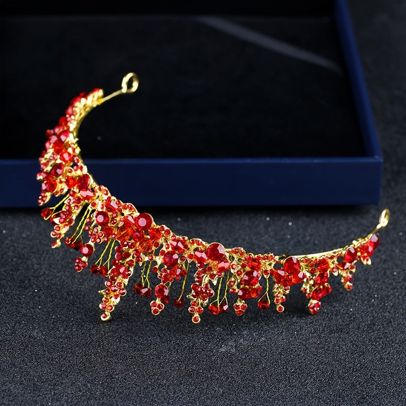 Red Crystal Crown Beaded Headdress Bridal Jewelry