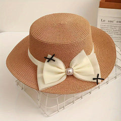Mesh Bow Decor Sun Hat Flat Top Straw Fedora Solid Jazz Hat
