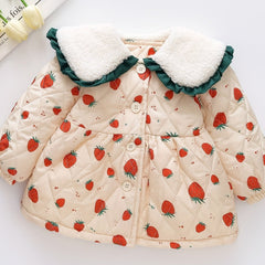 Winter Baby Girl Strawberry Graphic Thick Jacket Windproof Warm Toddler Coat