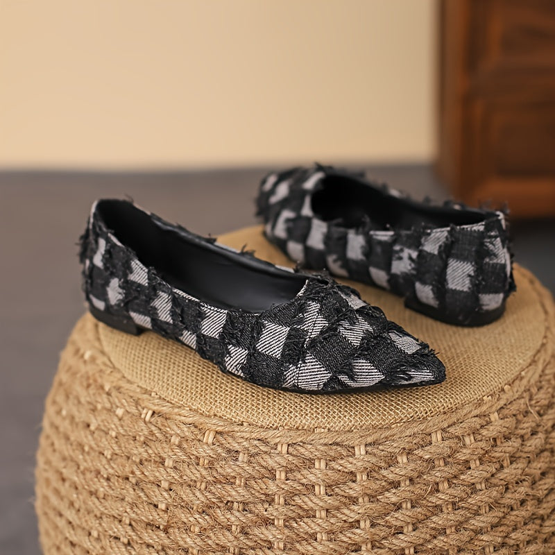 Plaid Pattern Denim Flats with Tassel Detail