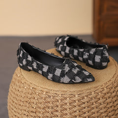 Plaid Pattern Denim Flats with Tassel Detail