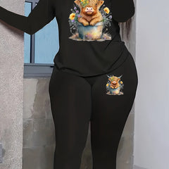 Women's Plus Cow Print Top & Leggings Set