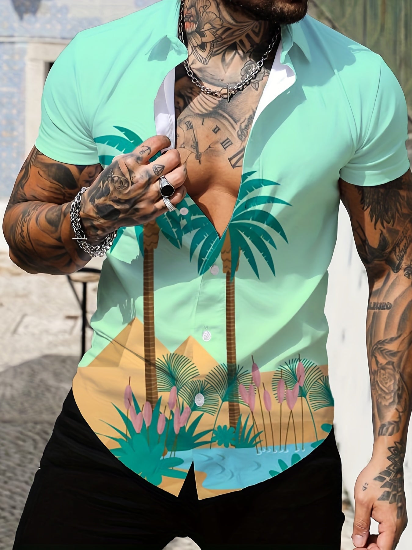 Coconut Tree Print Hawaiian Shirt for Summer Vacation Resort