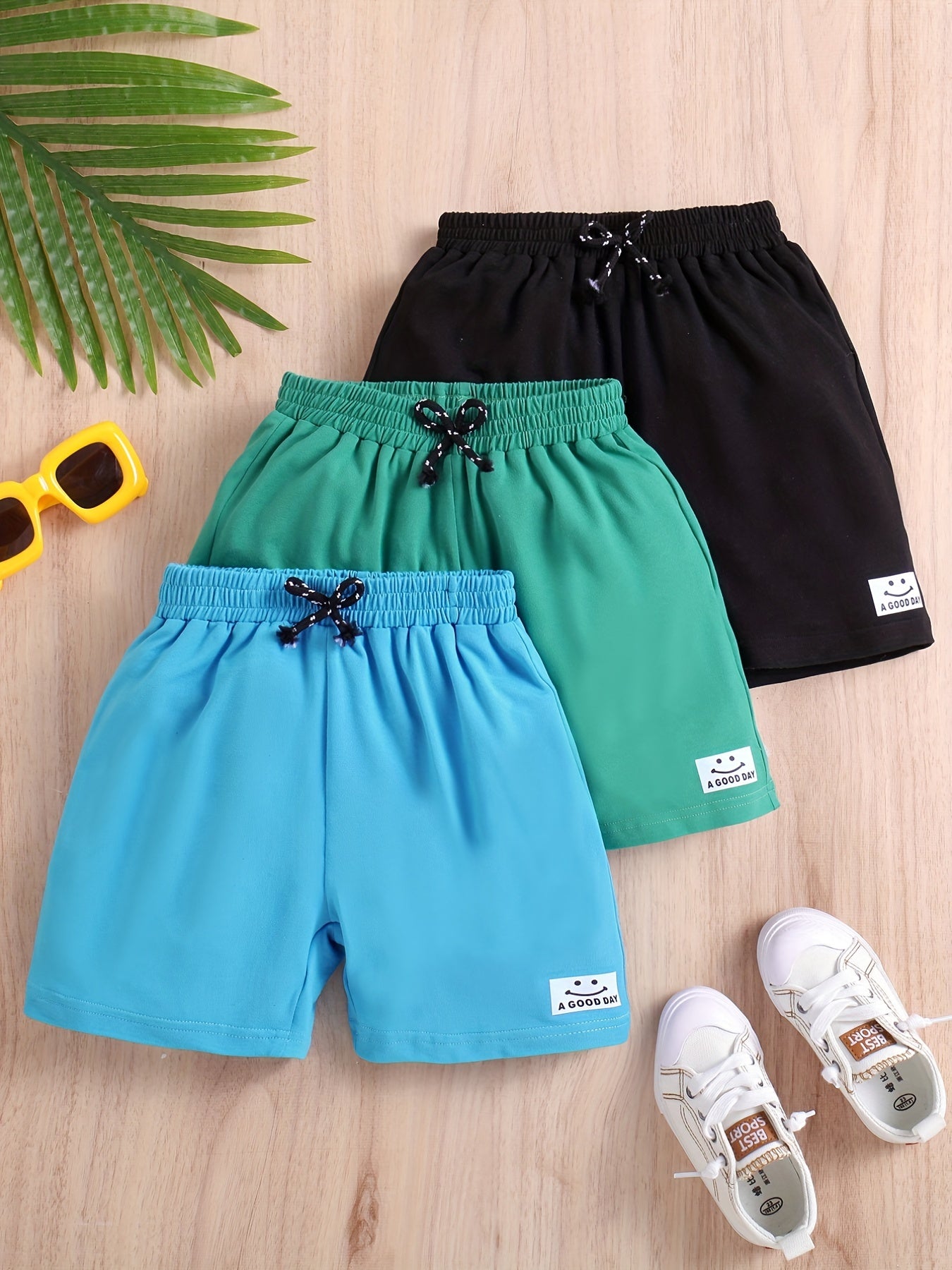 3pcs Smiling & A GOOD Letter Print Boys Comfortable Shorts