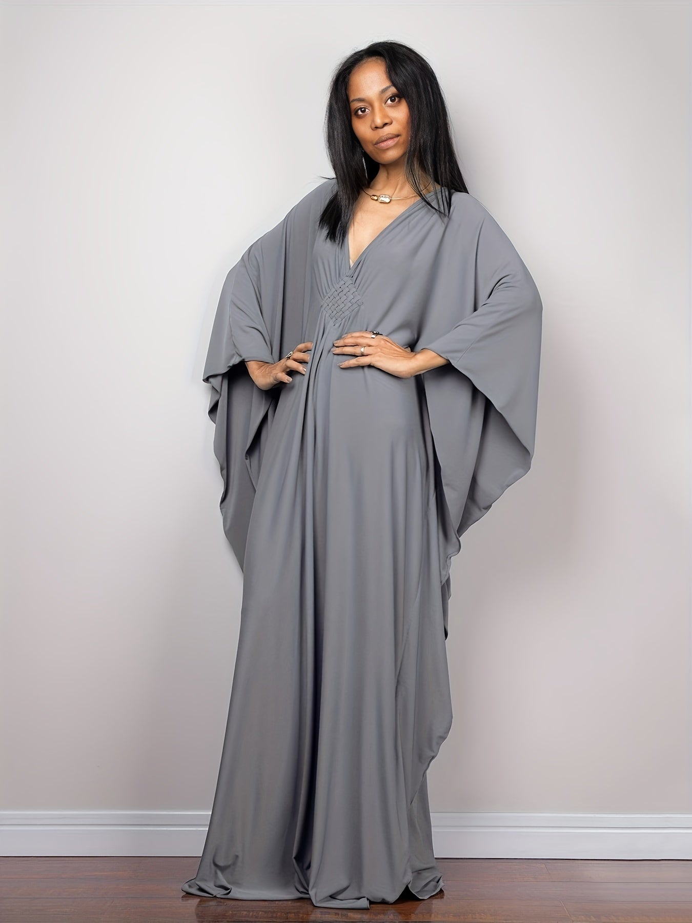 Boho Cover Up Solid Batwing Sleeve V Neck Split Maxi Beach Dress