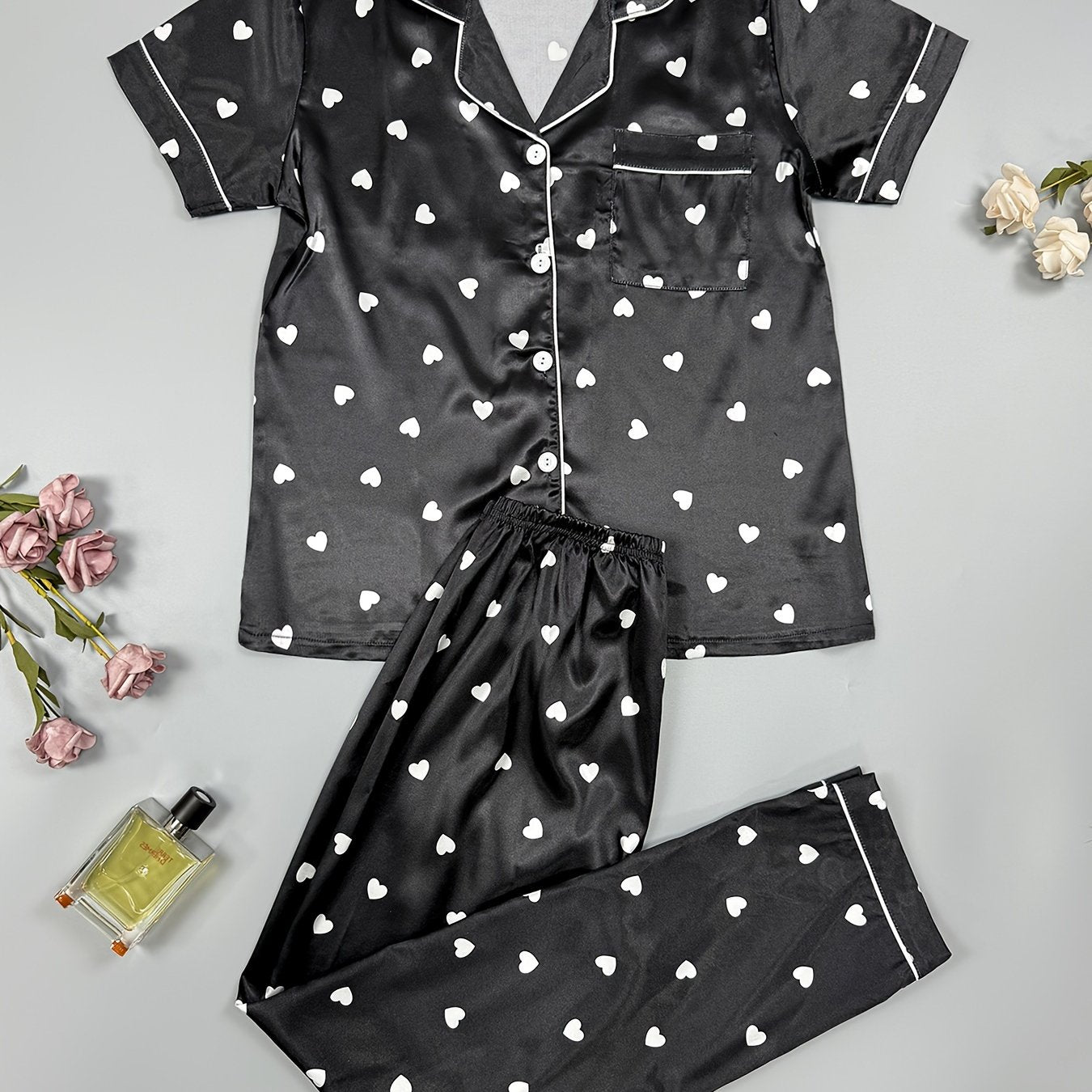 Heart Print Satin Pajama Set Long Sleeve Button Up Top & Elastic Waistband Pants
