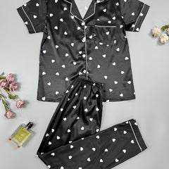 Heart Print Satin Pajama Set Long Sleeve Button Up Top & Elastic Waistband Pants