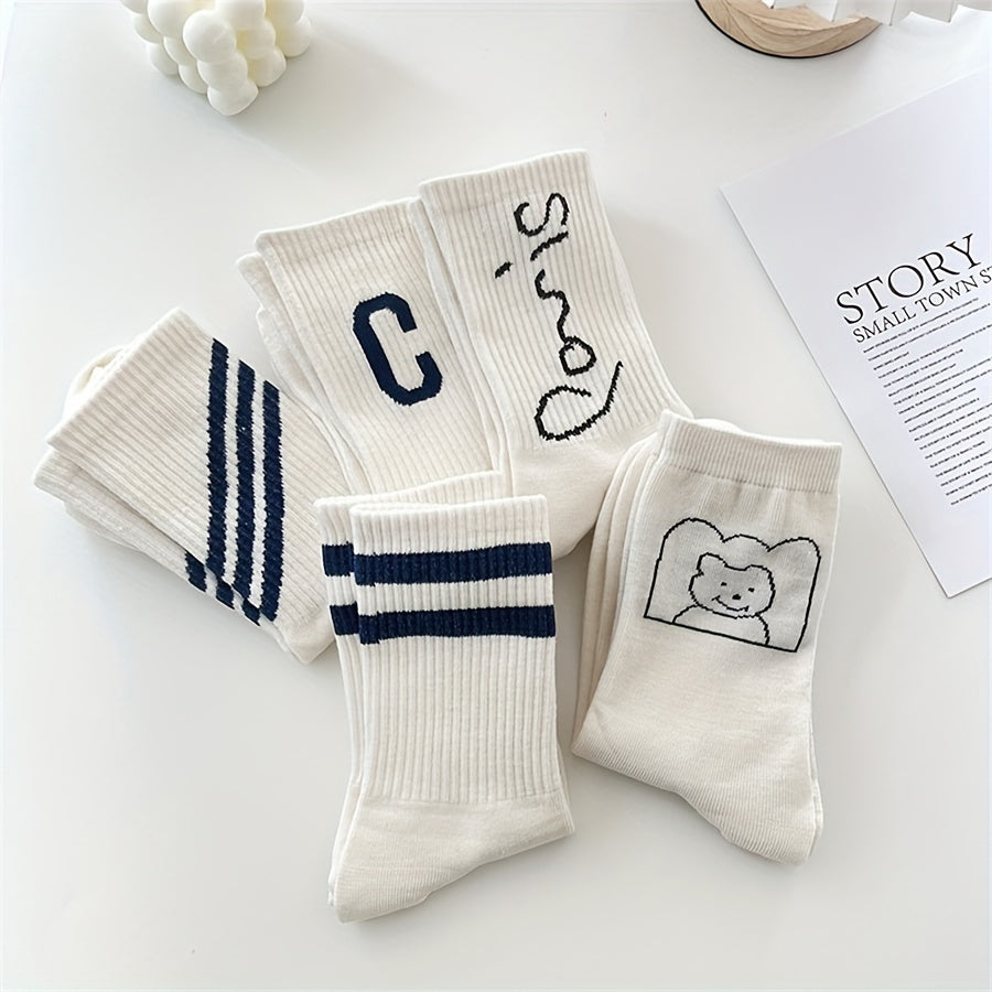 5 Pairs Letter & Striped Print Socks Breathable College Style Women's Stockings