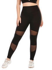 Contrast Mesh Yoga Sports Leggings With Pocket Women's Plus Size