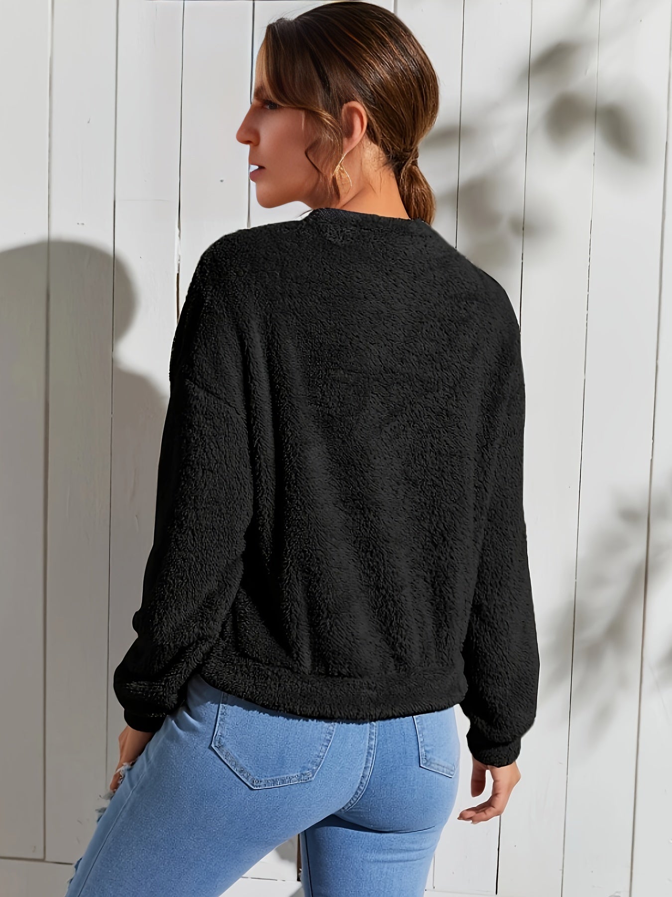 Solid Plush Crew Neck Sweatshirt