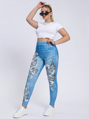 Butterflies & Denim Print Leggings High Waist Skinny Casual Pants