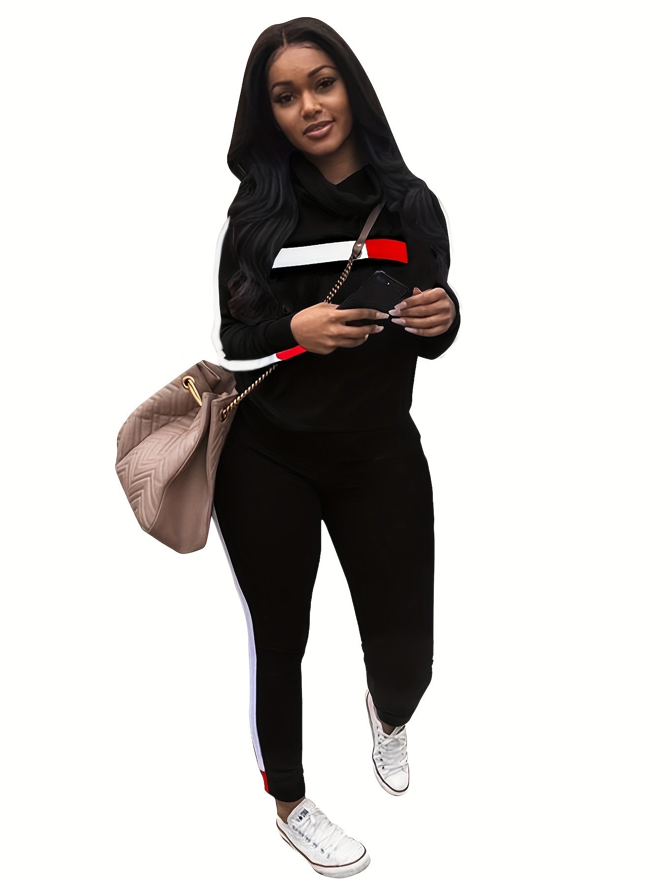 Contrast Panel Chimney Neck Sweatshirt & Sweatpants Set Plus Size