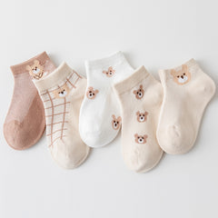 5 Pairs Kids Bear Print Ankle Socks for Girls and Boys