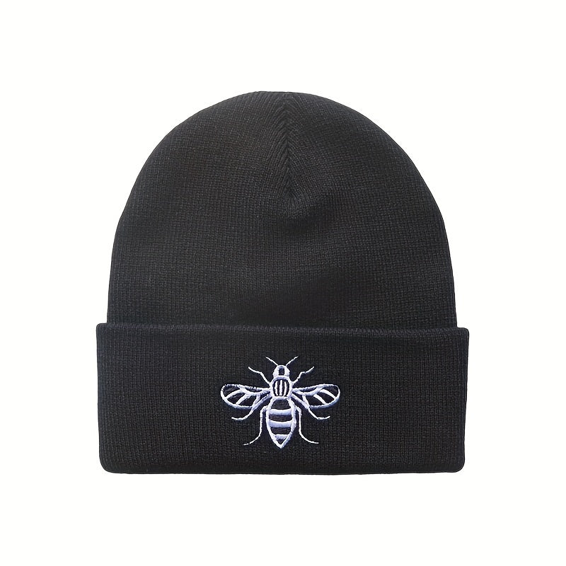Bee Embroidery Knit Hat for Cycling, Warm Beanie for Sports