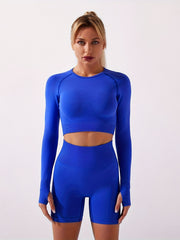 Yoga Workout Set Long Sleeve Top & High Waist Shorts Women's Activewear