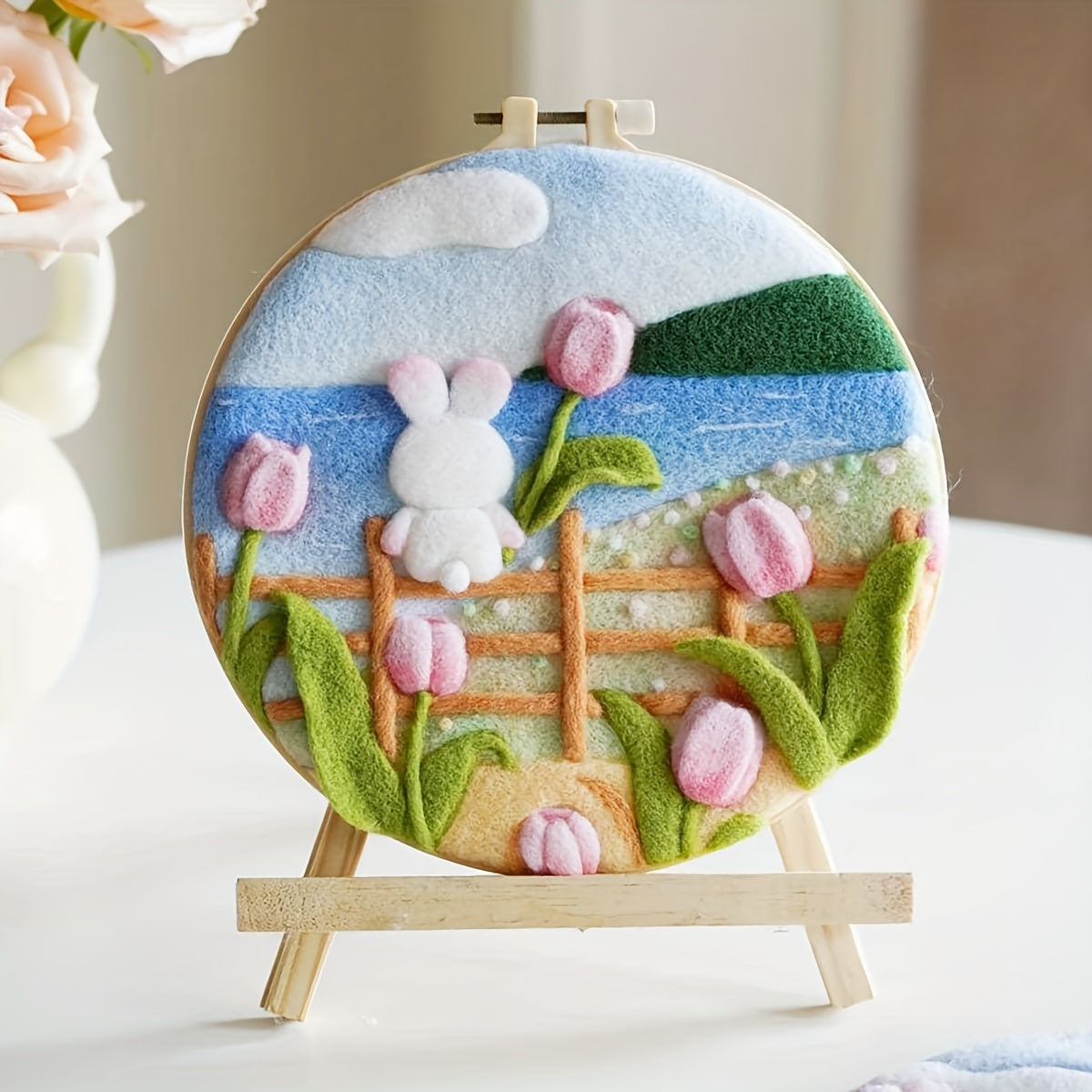 Wool Felting Painting Kit Rabbit and Flowers DIY Felt Package 20x20cm