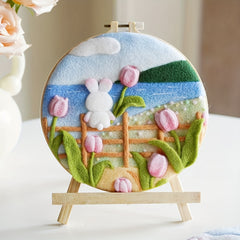 Wool Felting Painting Kit Rabbit and Flowers DIY Felt Package 20x20cm