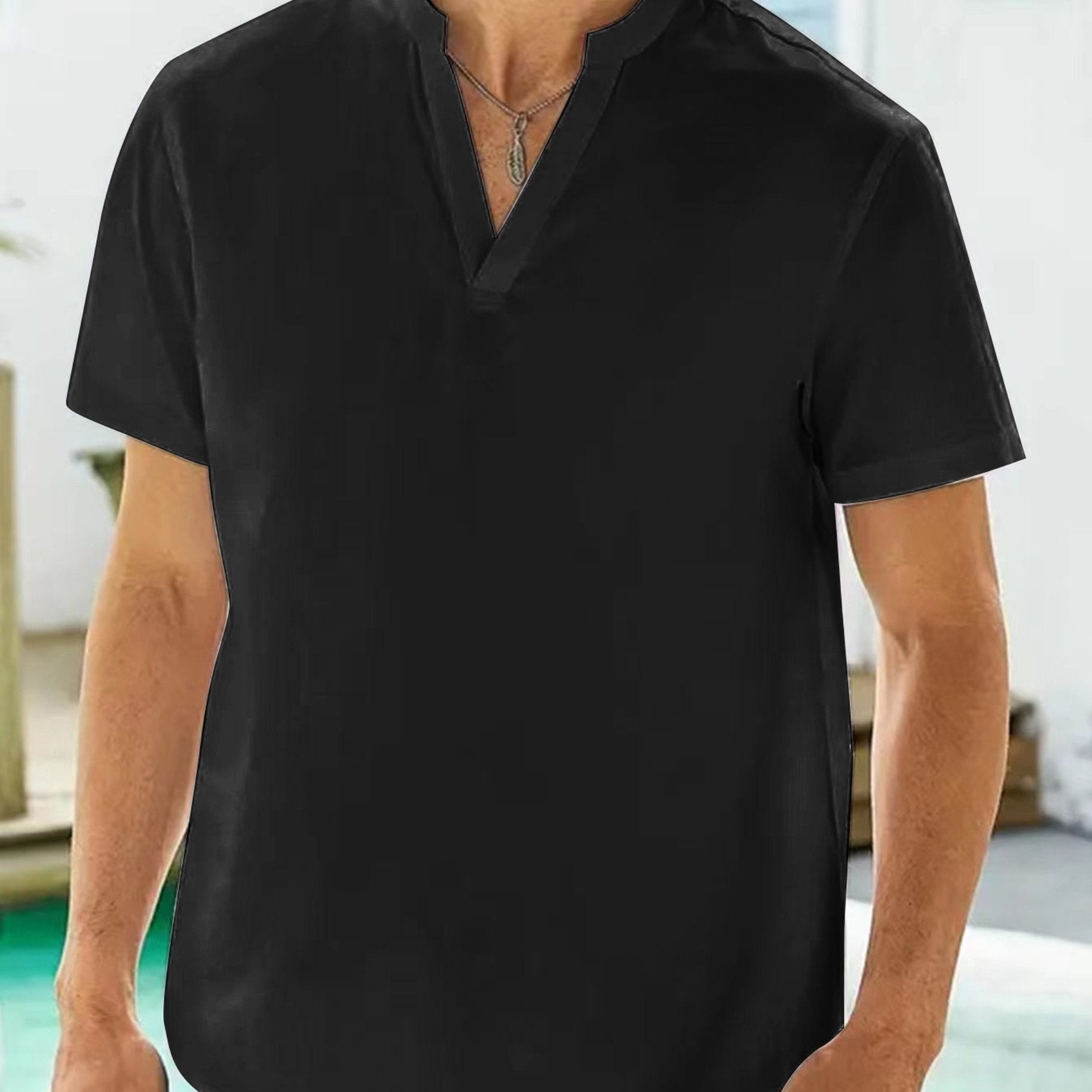 Men's Casual V-neck Short Sleeve Shirt for Summer Vacation