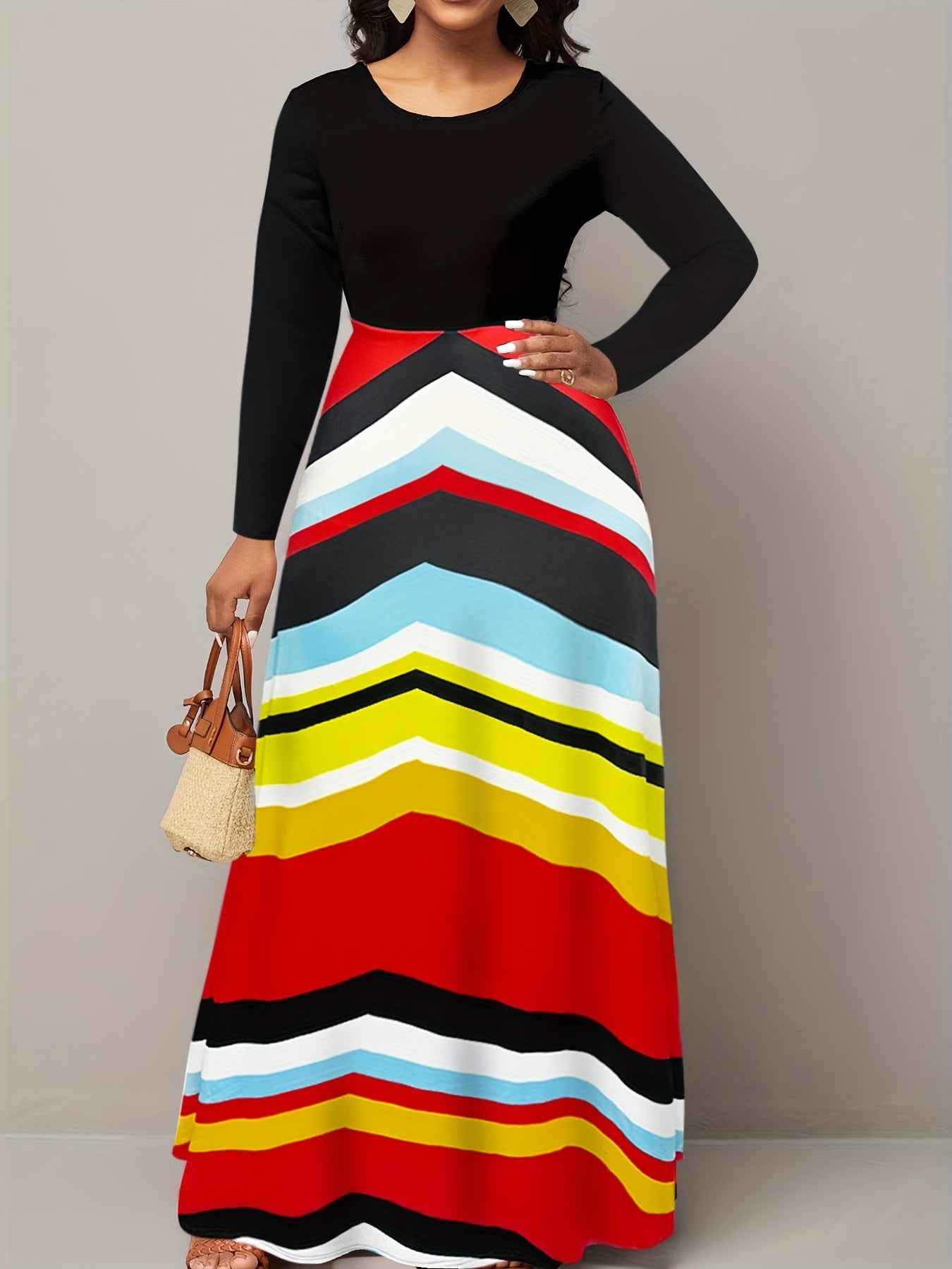 Colorblock Stripe Maxi Dress Long Sleeve Round Neck