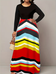 Colorblock Stripe Maxi Dress Long Sleeve Round Neck