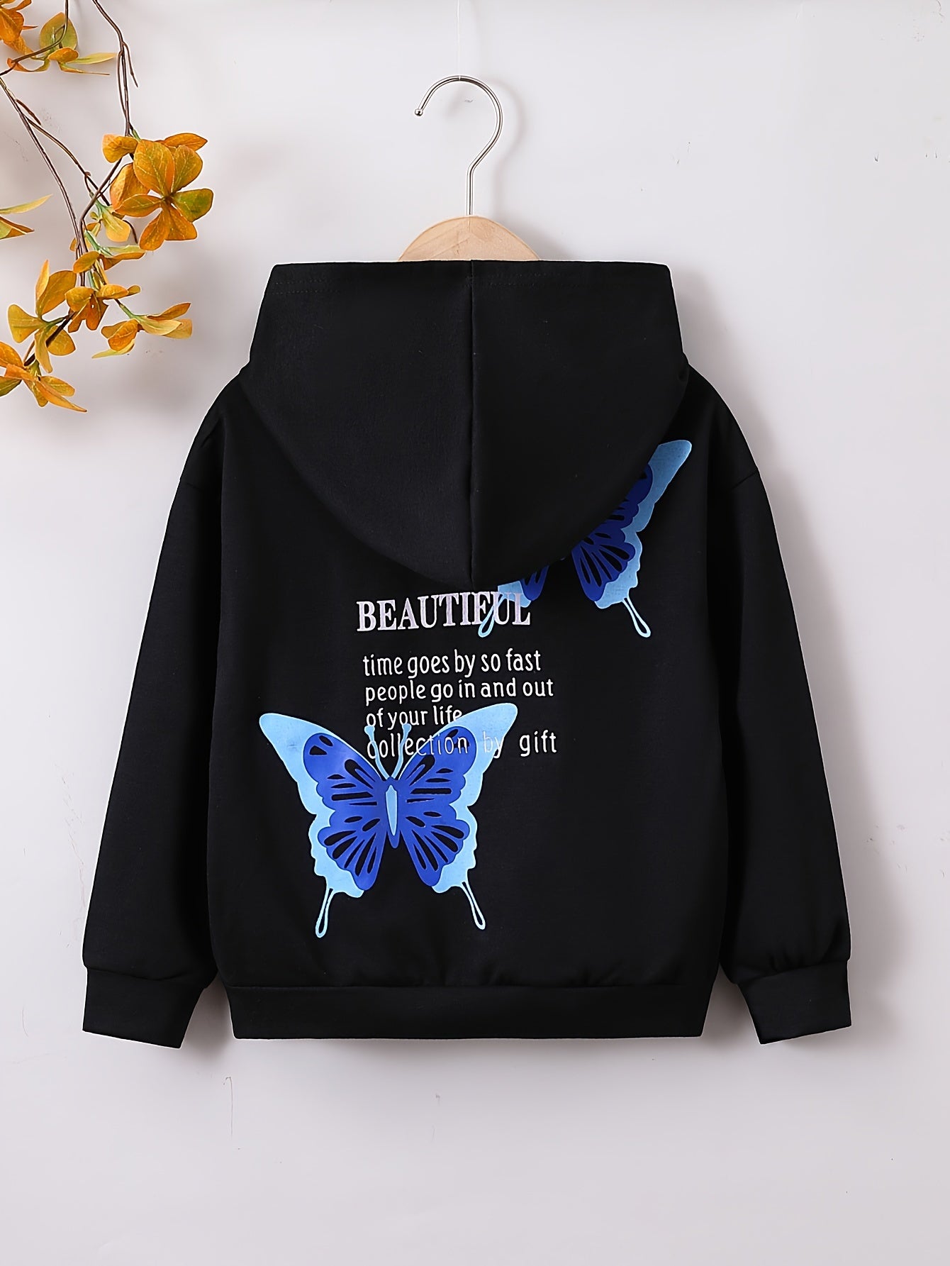 Girls' Butterfly & Slogan Hooded Sweatshirt Long Sleeve Pullover Hoodie