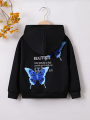 Girls' Butterfly & Slogan Hooded Sweatshirt Long Sleeve Pullover Hoodie