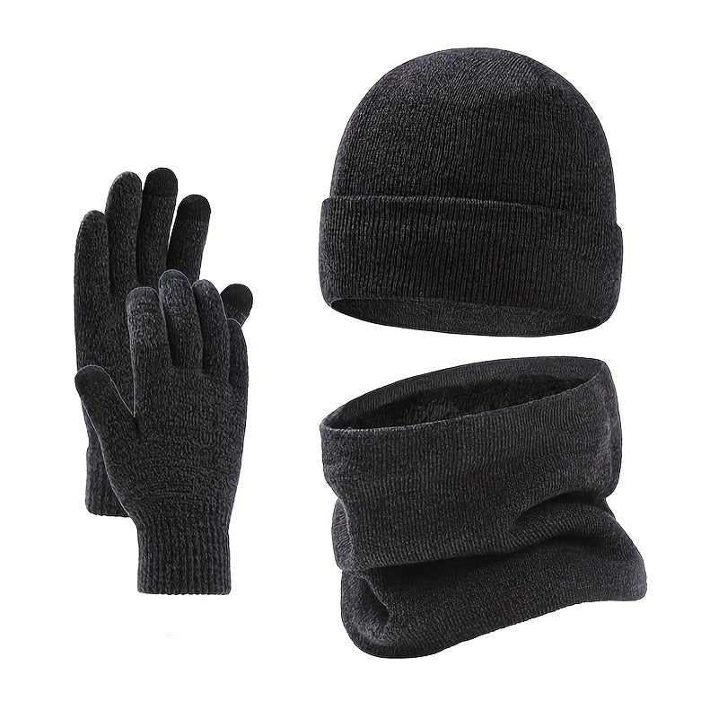Winter Hat Gloves Scarf Set Plush Fleece Wool Cap
