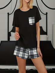 Plaid Print Lounge Set Crew Neck Top & Shorts Women's Loungewear